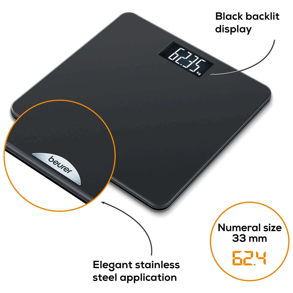 Beurer PS 240 Personal Bathroom Scale in Elegant Black, Backlit Large LCD Display, 180kg Capacity