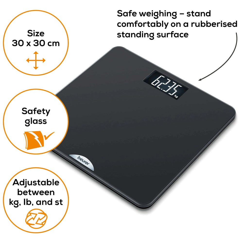 Beurer PS 240 Personal Bathroom Scale in Elegant Black, Backlit Large LCD Display, 180kg Capacity