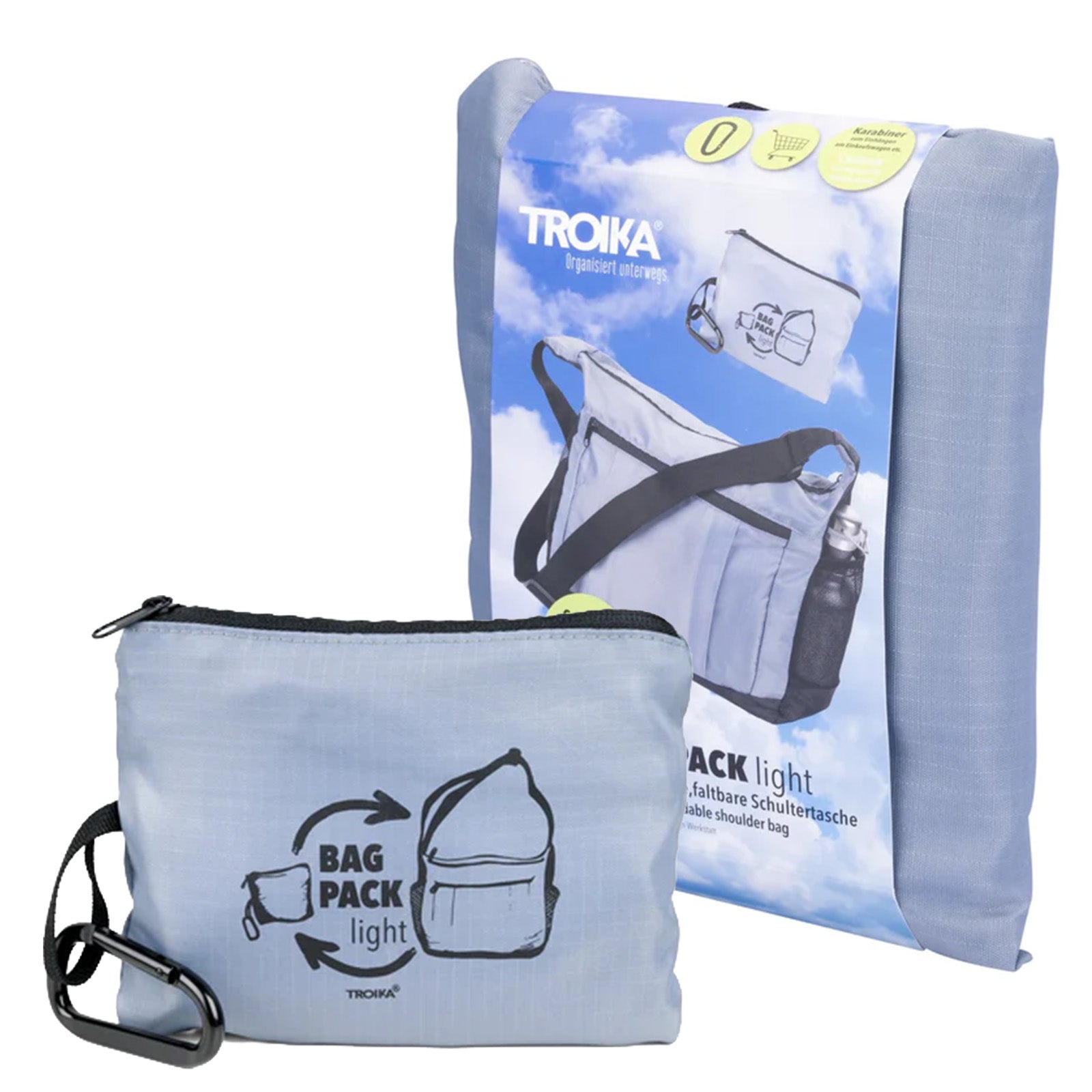 TROIKA Germany Foldable Shoulder Bag | Carabiner Clip | 10kg | Grey