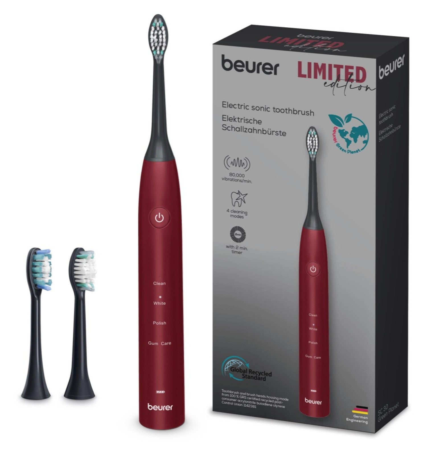 Beurer SC 30 LE25 Rechargeable Electric Sonic Toothbrush | Advanced Sonic Cleaning | Eco-Friendly | Ltd Edition Ripe Cherry Red