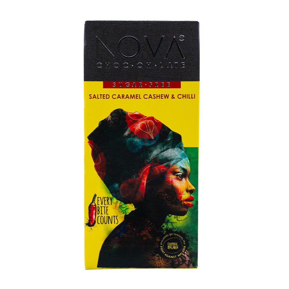 NOVA Artisanal Tempered Chocolate - Dark With Salted Caramel, Cashew & Chilli - Slab 100g