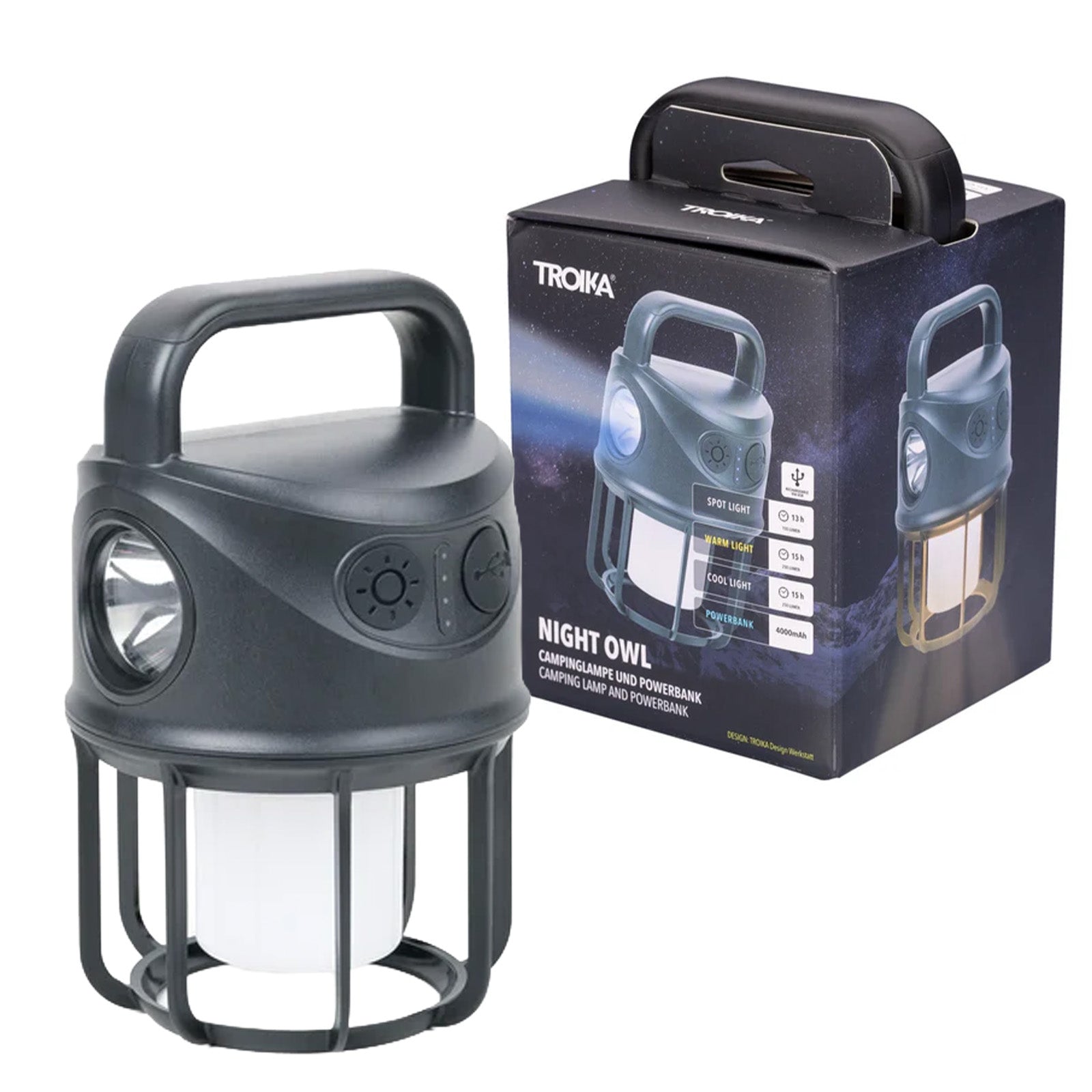TROIKA Germany Camping Lamp & Power Bank | 4000mAh | 250lm | Splash-Proof