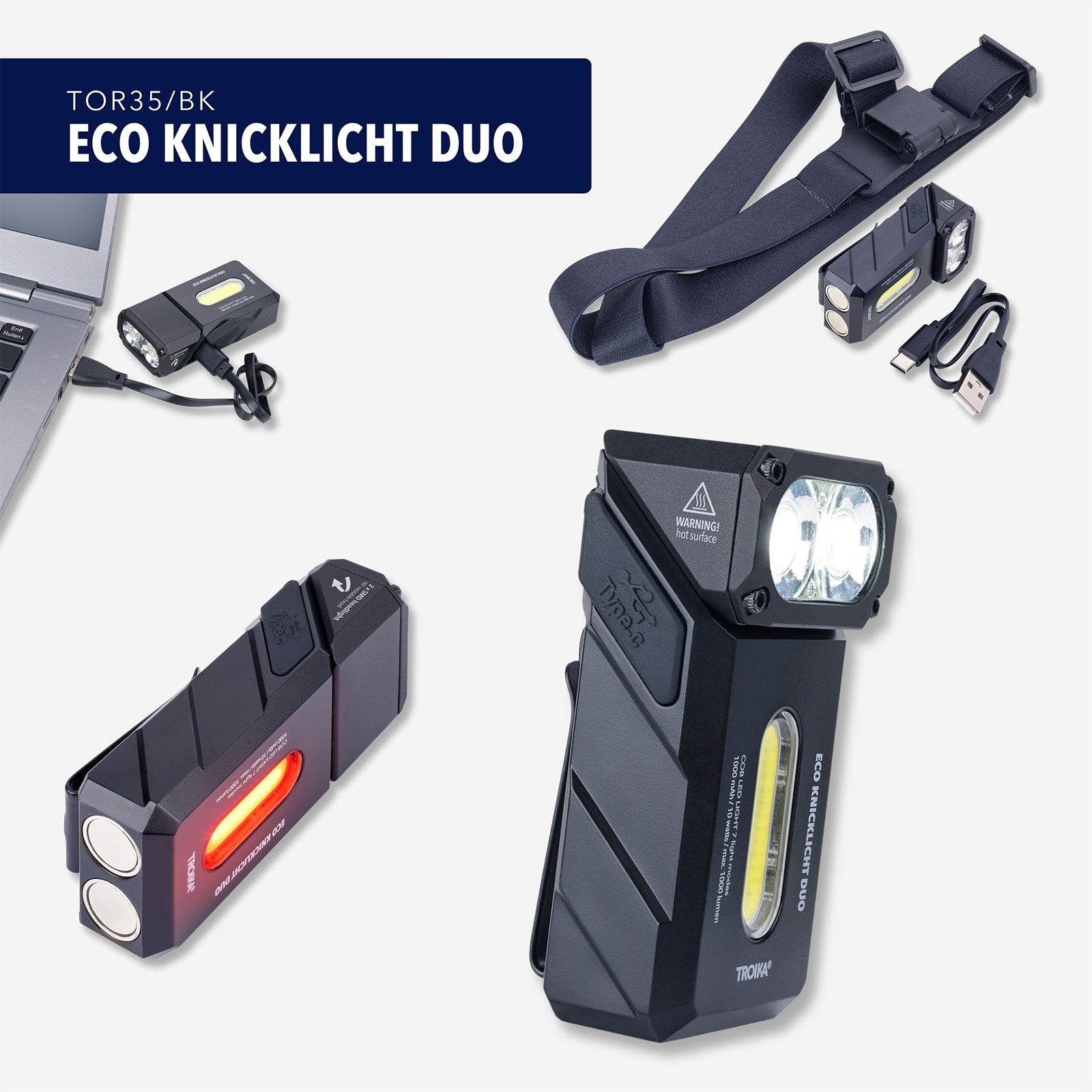 TROIKA Germany 3-in-1 Rechargeable Head Torch | 1000 Lumens | 6 Modes