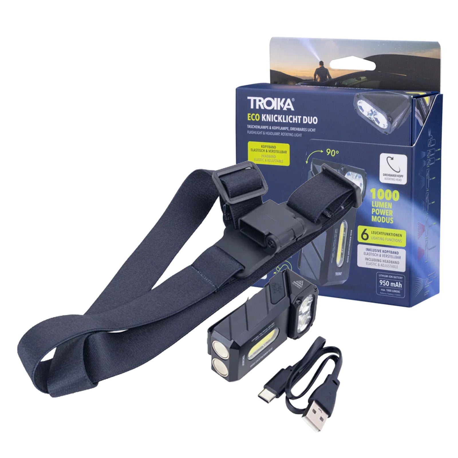TROIKA Germany 3-in-1 Rechargeable Head Torch | 1000 Lumens | 6 Modes