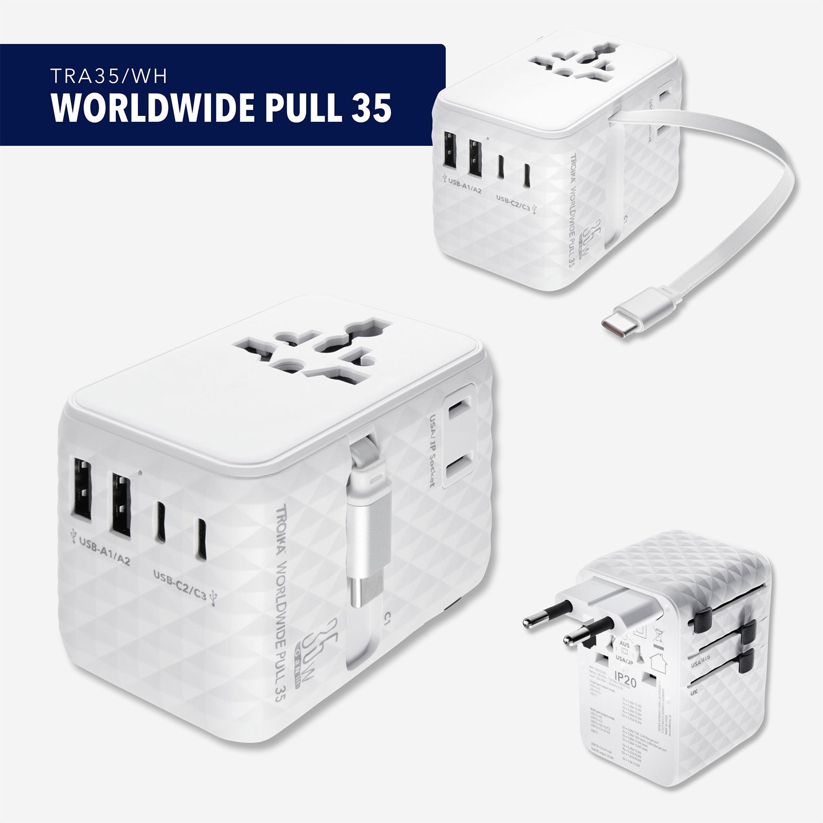 TROIKA Germany Universal Travel Adapter | 35W USB-C Retractable | 6 Devices