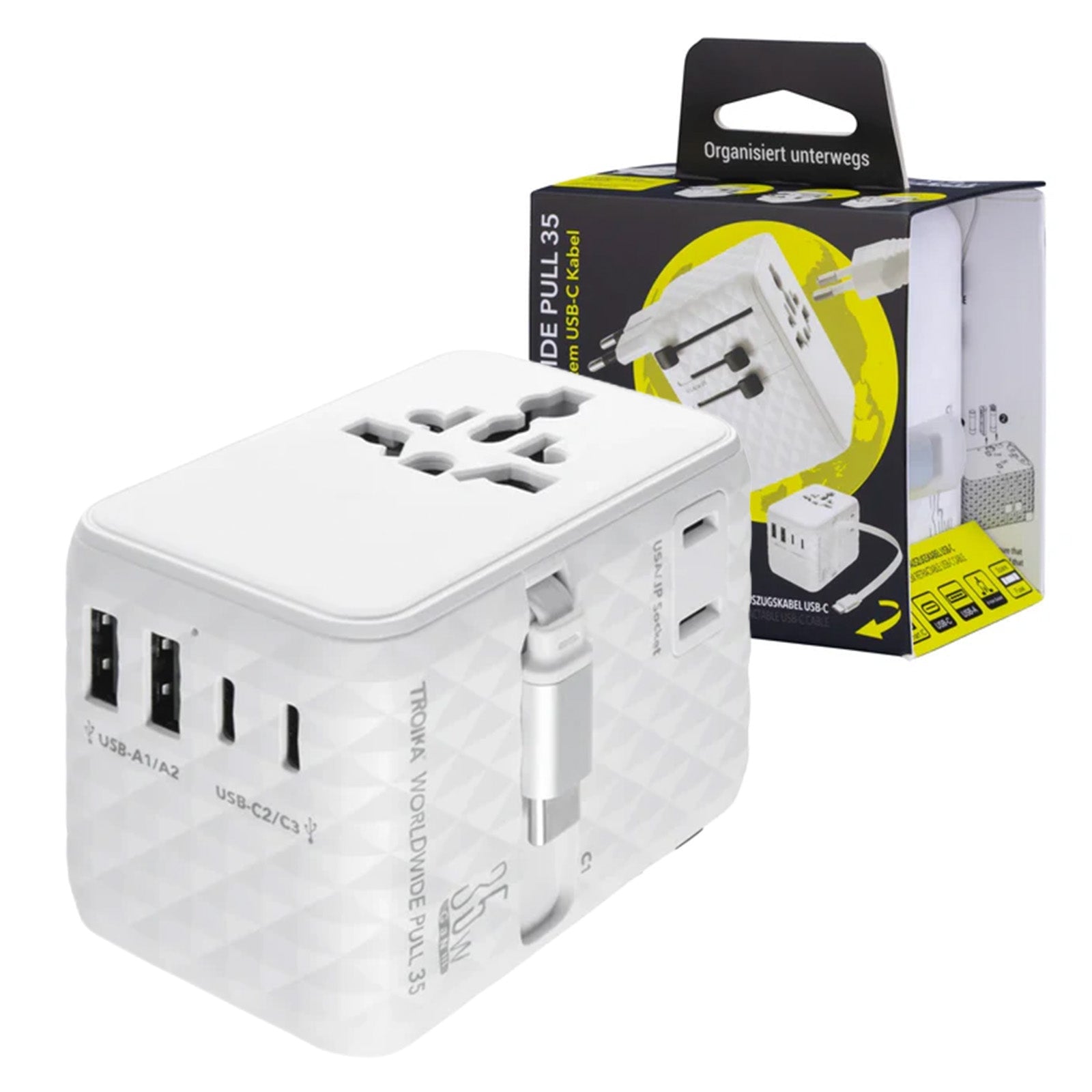 TROIKA Germany Universal Travel Adapter | 35W USB-C Retractable | 6 Devices