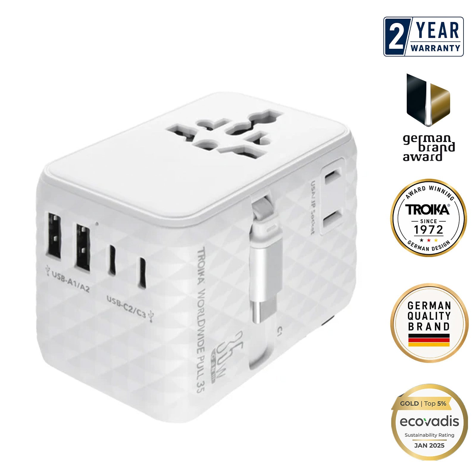 TROIKA Germany Universal Travel Adapter | 35W USB-C Retractable | 6 Devices