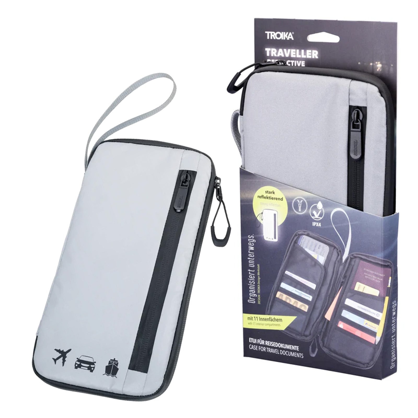 TROIKA Germany Travel Wallet | Reflective Case | 11 Compartments | Hand Strap