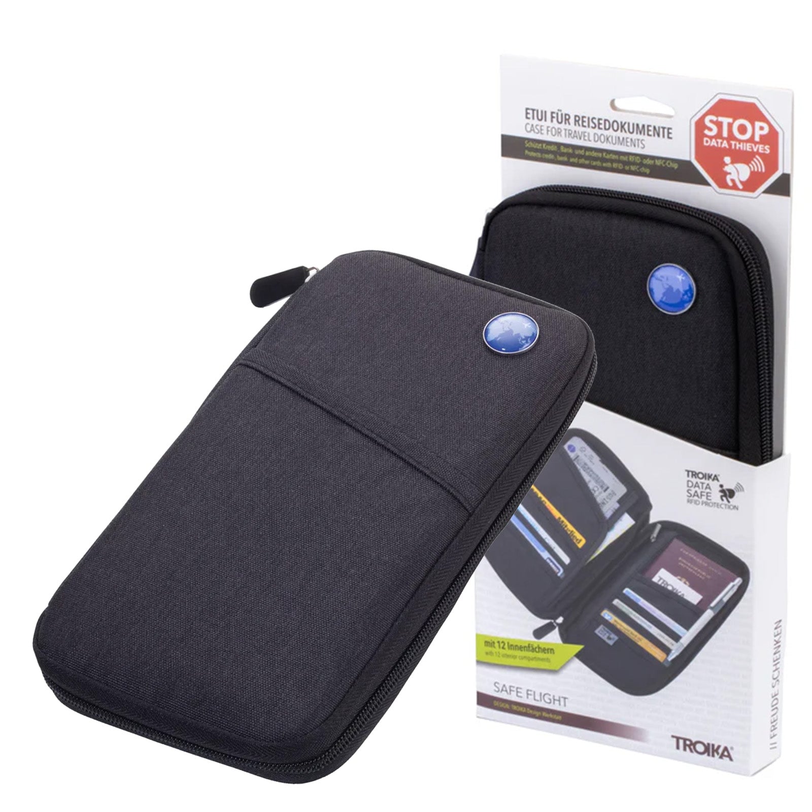 TROIKA Germany RFID Travel Case | 12 Compartments | Passport Holder | Black