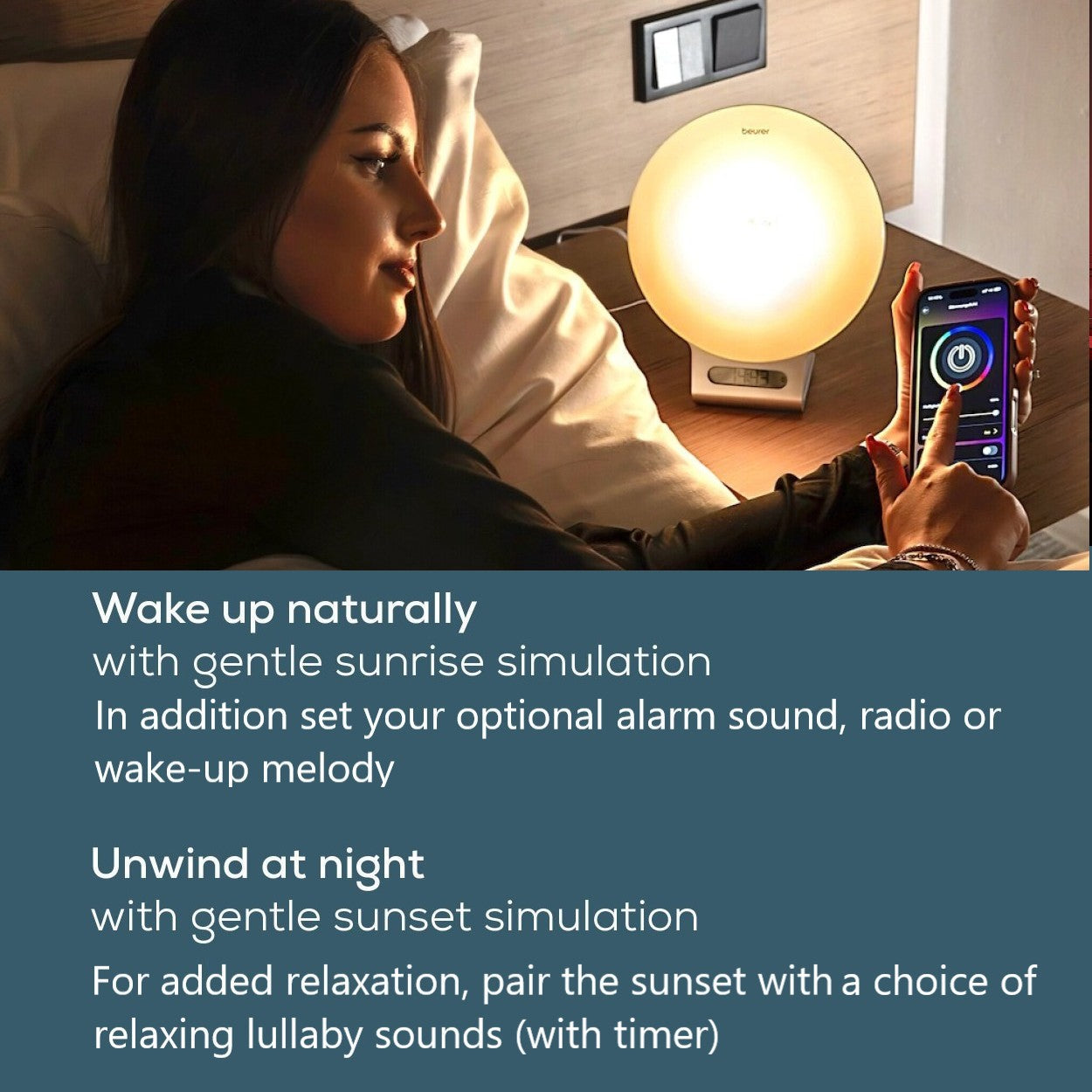 Beurer WL 75 Wake Up Light Alarm Clock +App | Sunrise & Sunset Simulation | Radio | Bedside Light | USB Phone Charger