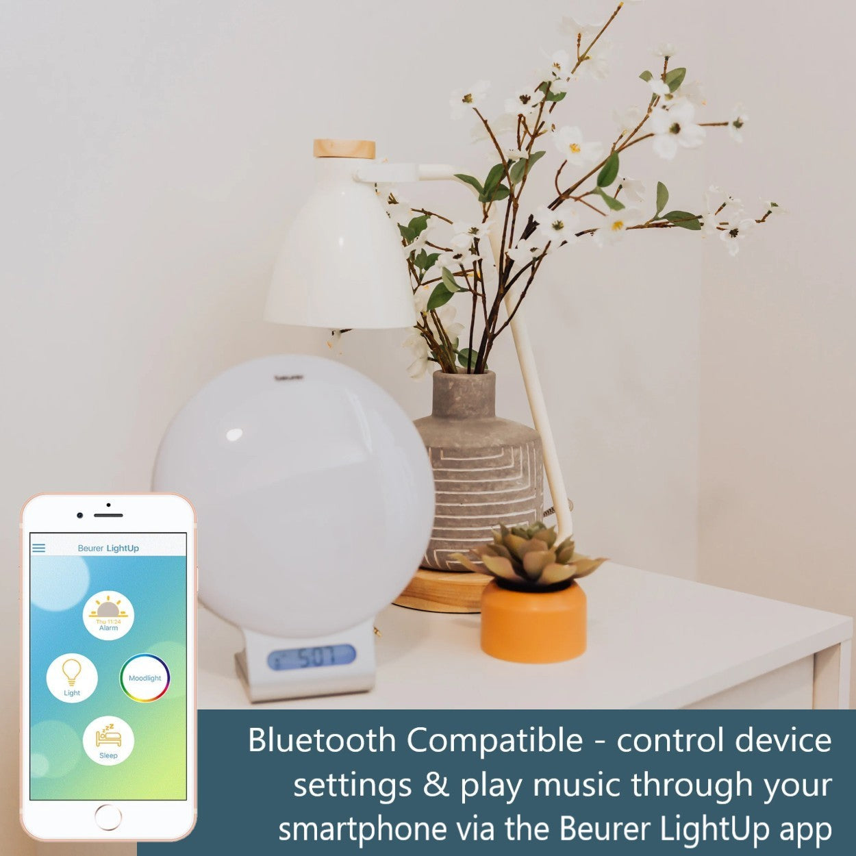 Beurer WL 75 Wake Up Light Alarm Clock +App | Sunrise & Sunset Simulation | Radio | Bedside Light | USB Phone Charger