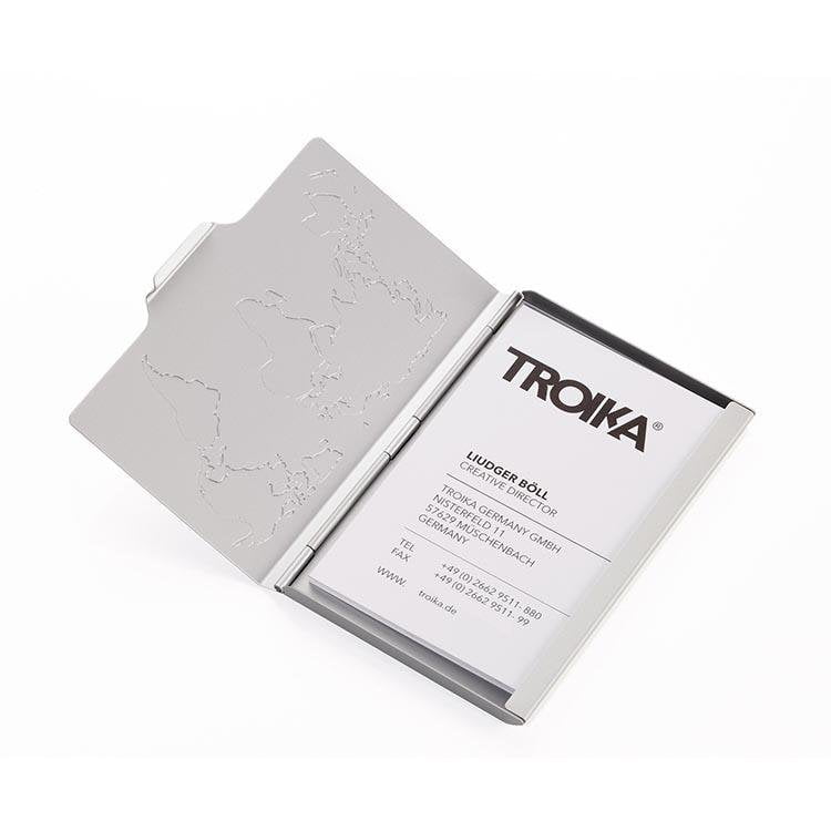 TROIKA Business Card Case with Embossed World Map - Silver