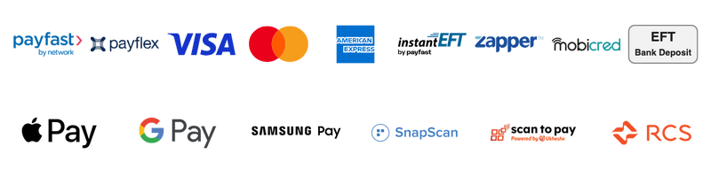 We accept Payfast, Payflex, Visa, Mastercard, American Express, Instant EFT, Zapper, Mobicred, EFT bank deposit, Apple Pay, Google Pay, Samsung Pay, SnapScan, Scan to Pay and RCS