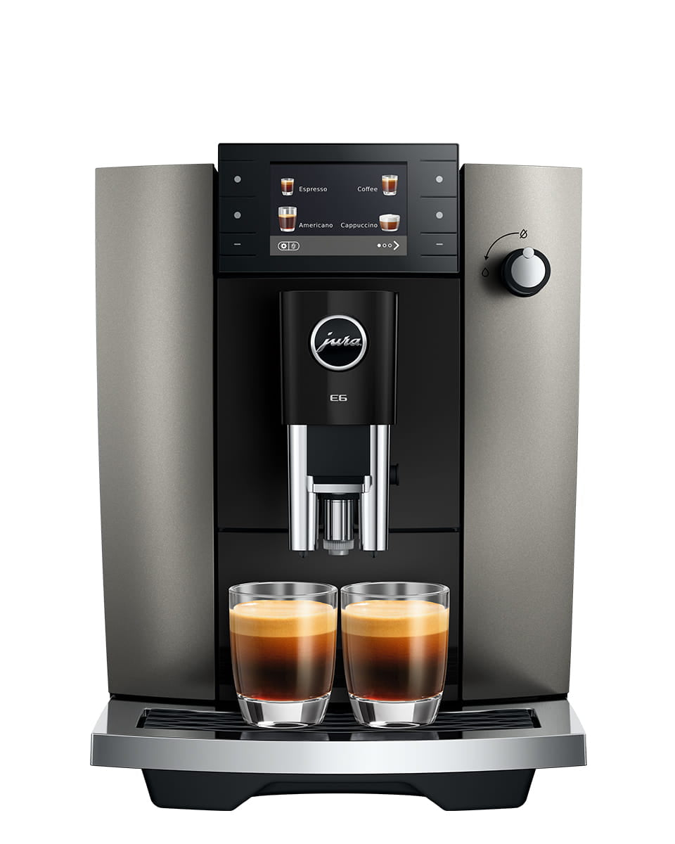 JURA E6 coffee machine in Dark Inox, front view