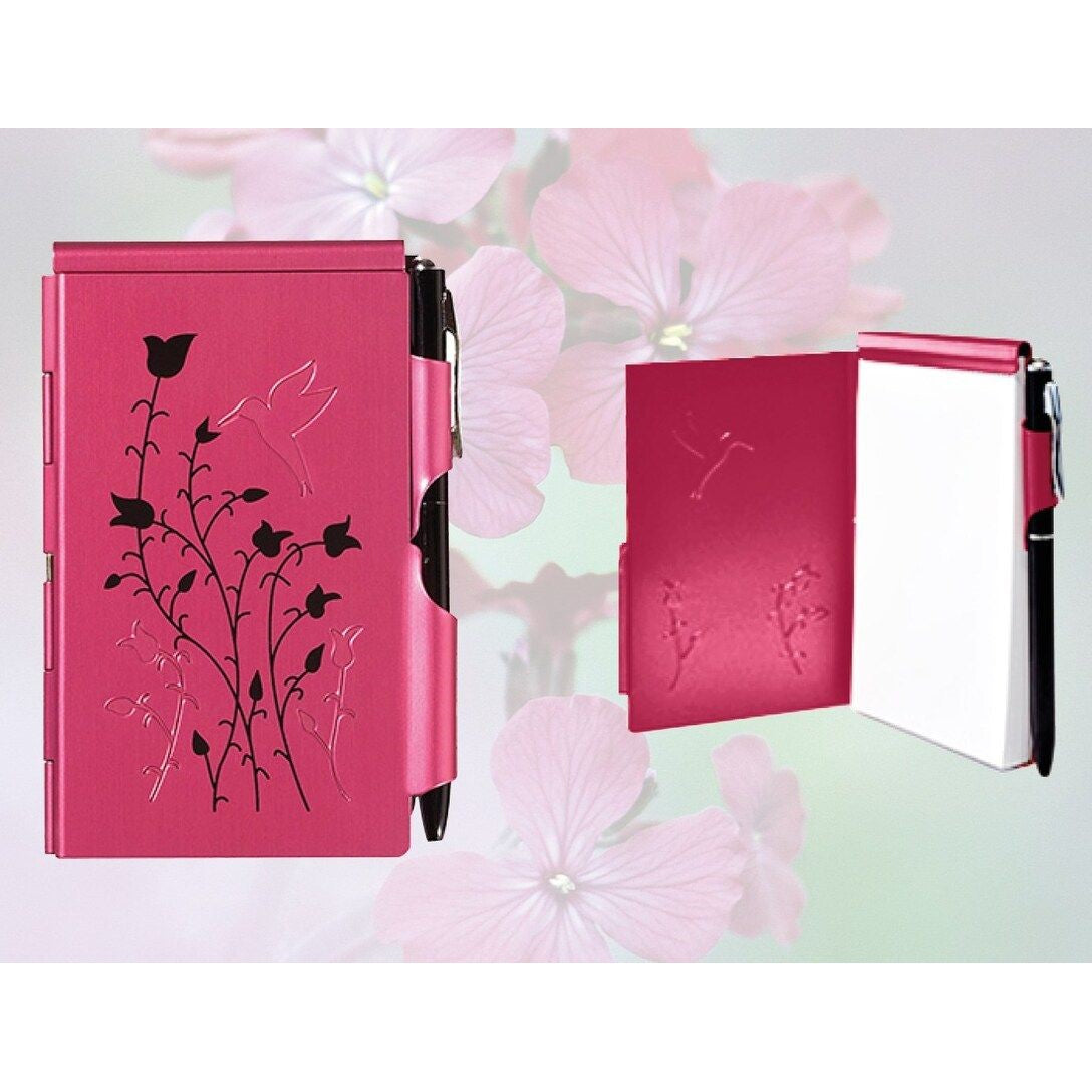 Troika Flip Notes Metal Case with Notepad & Pen - Raspberry Hummingbird