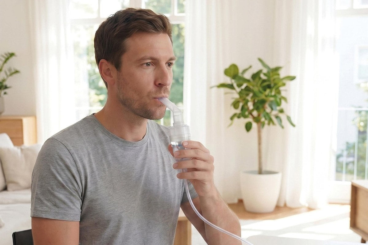 Man using the Beurer IH 61 rechargeable nebuliser at home
