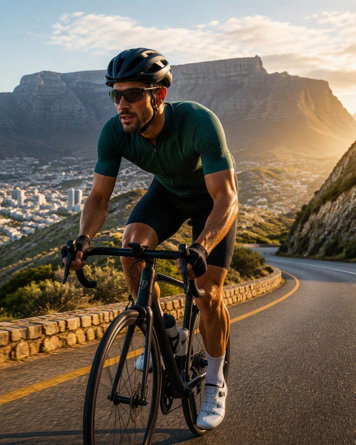 Road cyclist on a coastal pass with Table Mountain behind