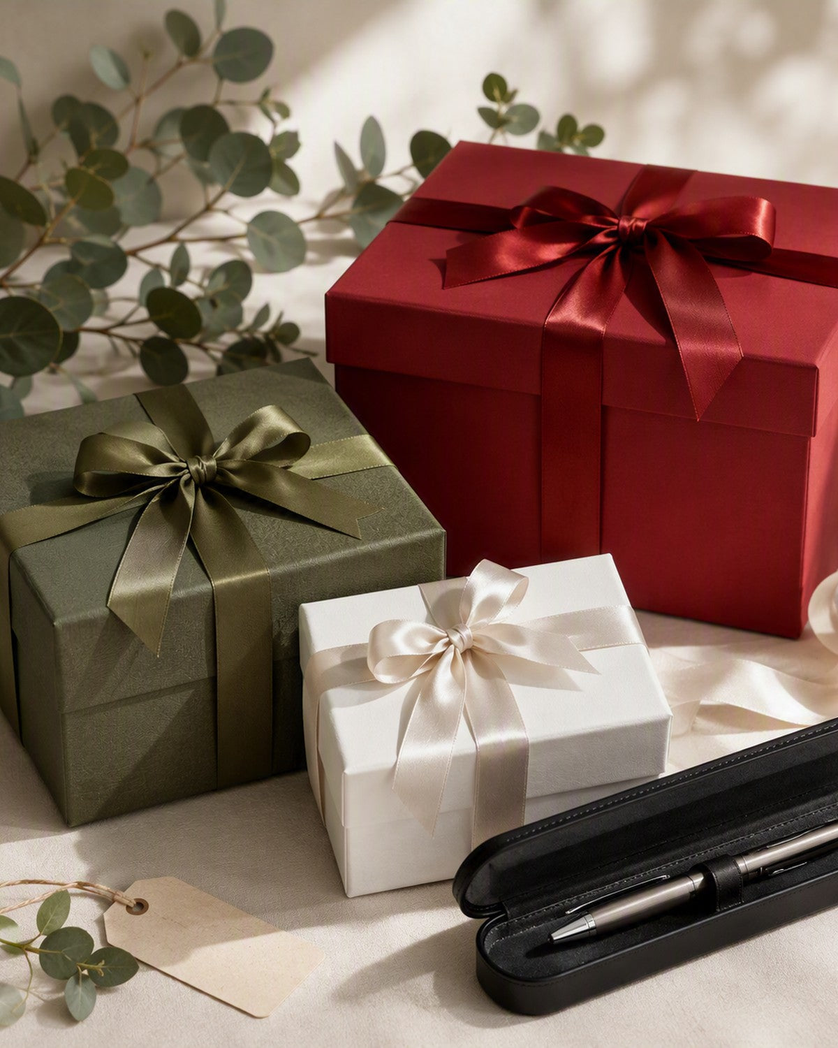 Gift boxes with ribbons and a pen in its case