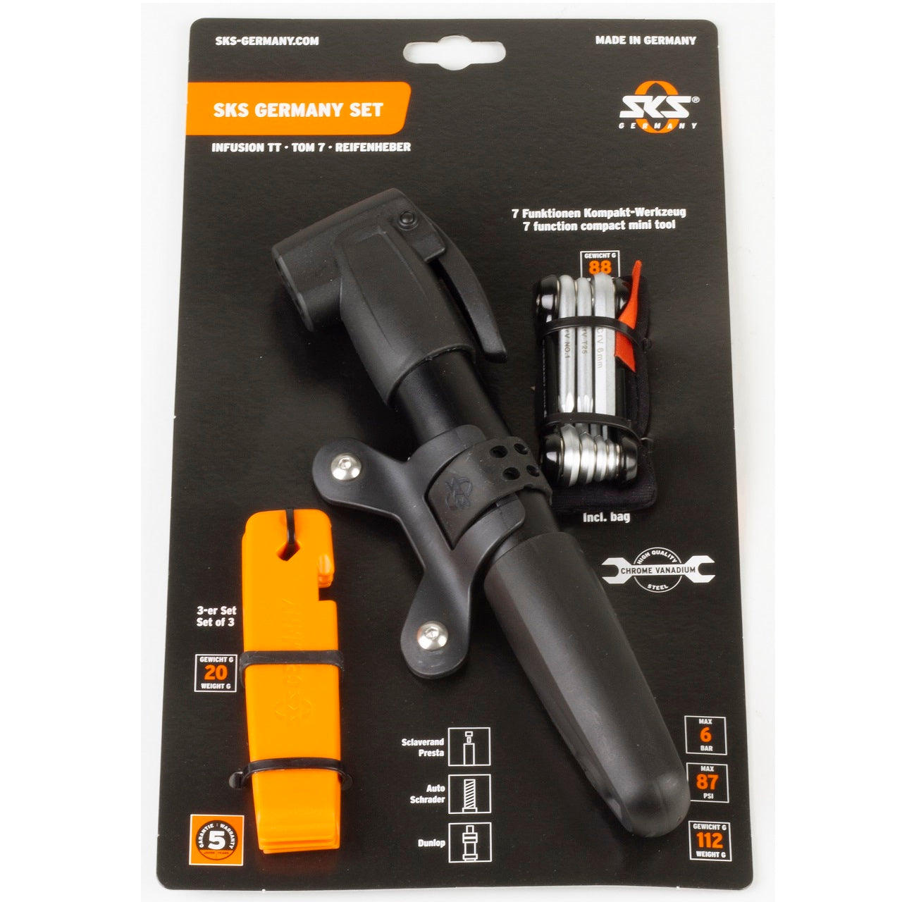 SKS Tool Set for Bicycles: Infusion TT Pump, TOM 7 Multi-Tool, Tyre Levers
