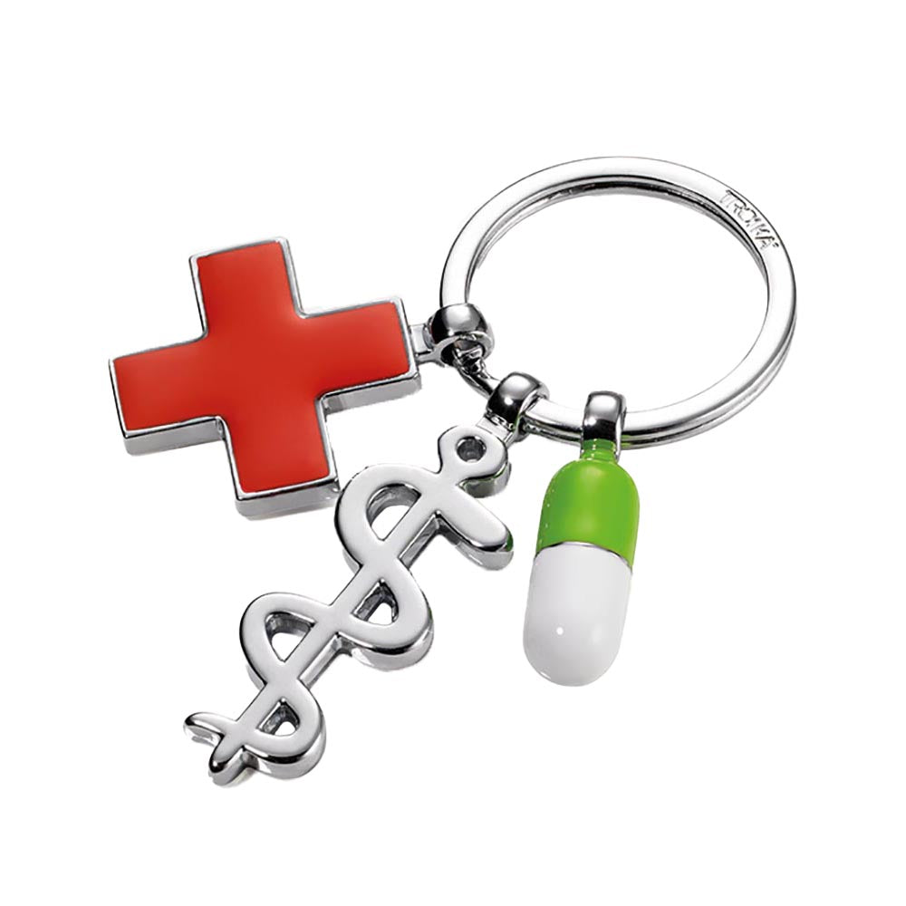 TROIKA Keyring - Keep Well with 3 Charms: Rod of Asclepius, Red Cross, Pill