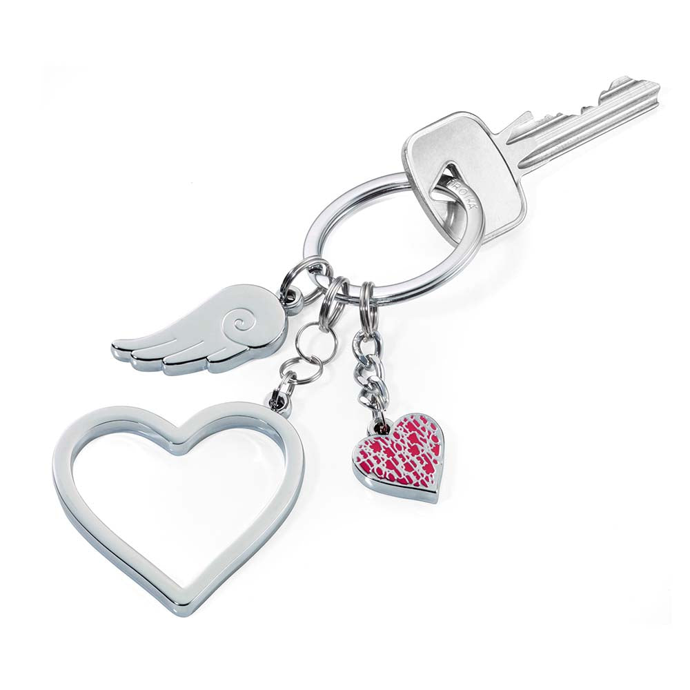 TROIKA Keyring with 3 Charms LOVE IS IN THE AIR Silver Colour