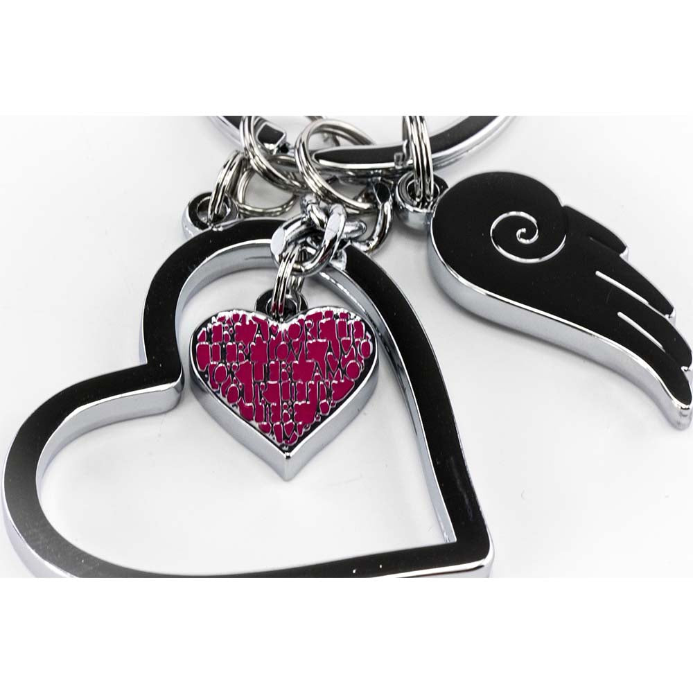 TROIKA Keyring with 3 Charms LOVE IS IN THE AIR Silver Colour