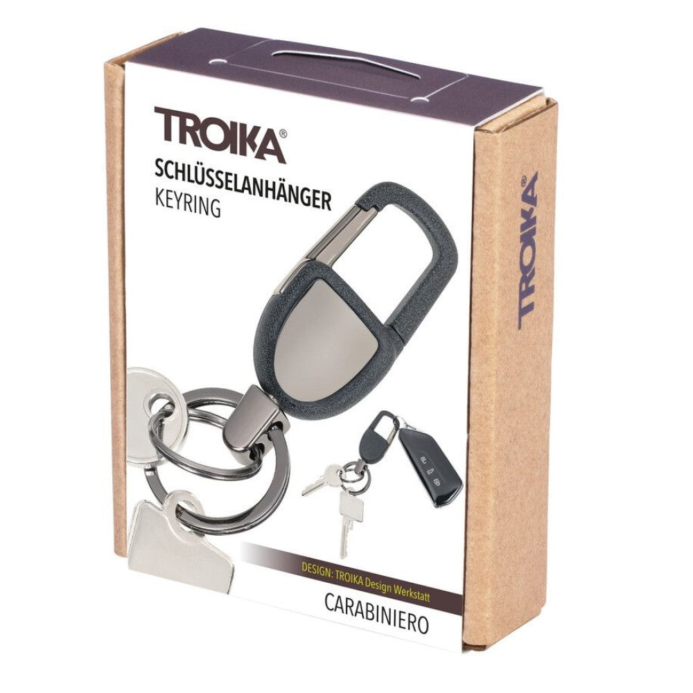 TROIKA Keyring: Stylised Carabiner Snap Hook & 2 Key Rings: Gunmetal/Black