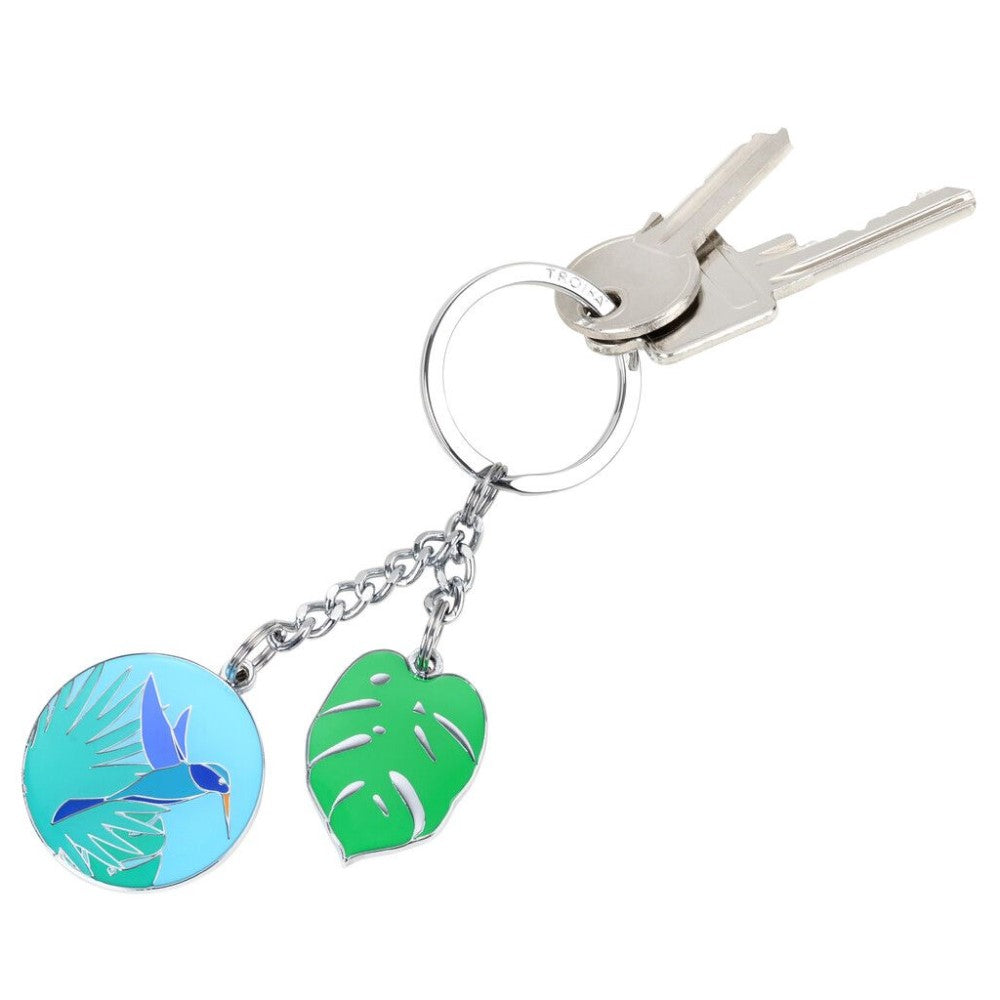 TROIKA Keyring with Monster Leaf & Hummingbird Charms: In Tropical Green & Blue