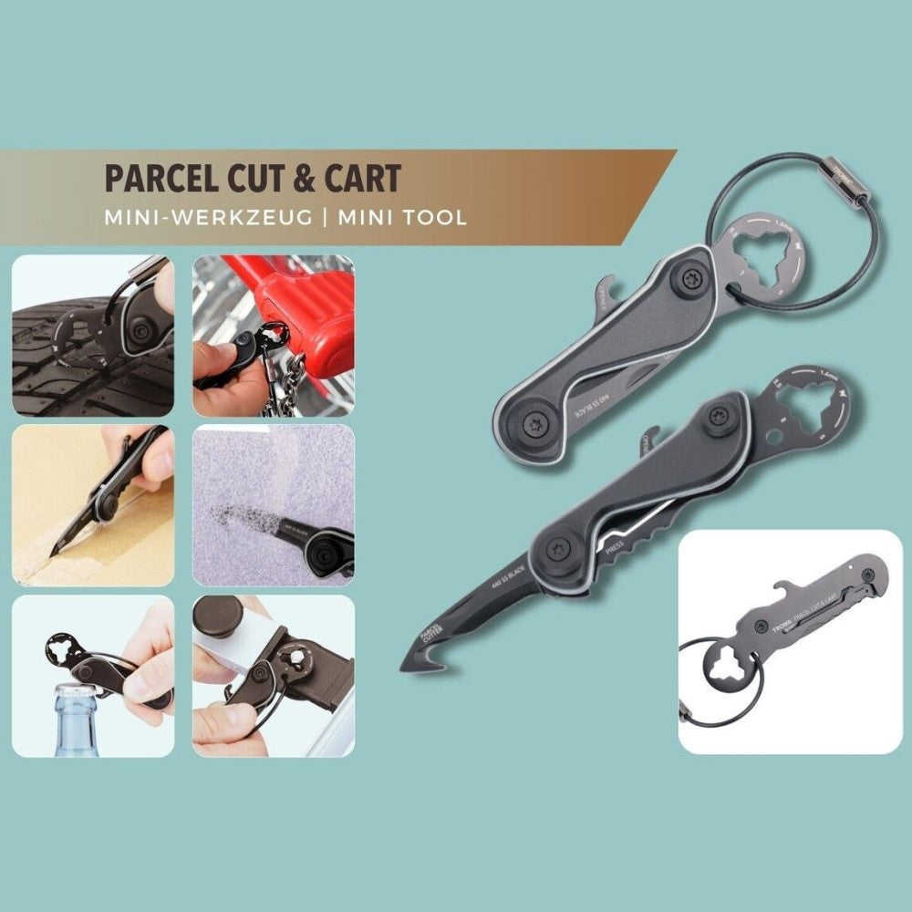 TROIKA Mini-Tool: Parcel Cutter, Blade, Keyring, Bottle Opener, Tyre Depth Gauge, Hex Keys: In Black with Titanium Grey Trim