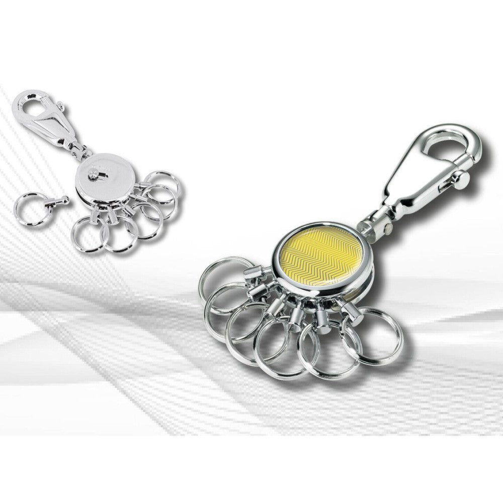 TROIKA Keyring: Carabiner Hook & 6 Easy-Release Key Rings: Yellow, Silver Trend Waves