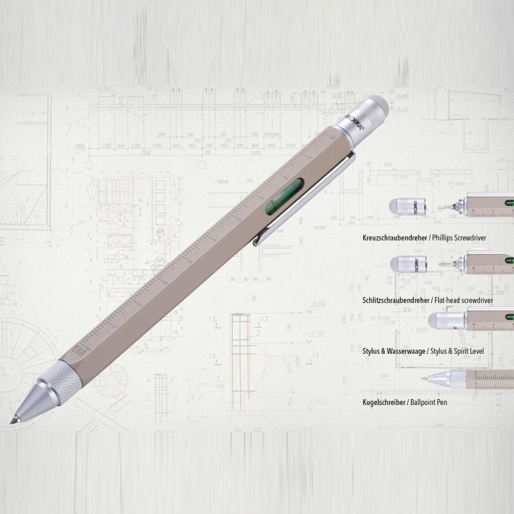 TROIKA Ballpoint Pen Mini Tool: Pen, Ruler, Screwdrivers, Spirit Level, Stylus: Concrete Grey
