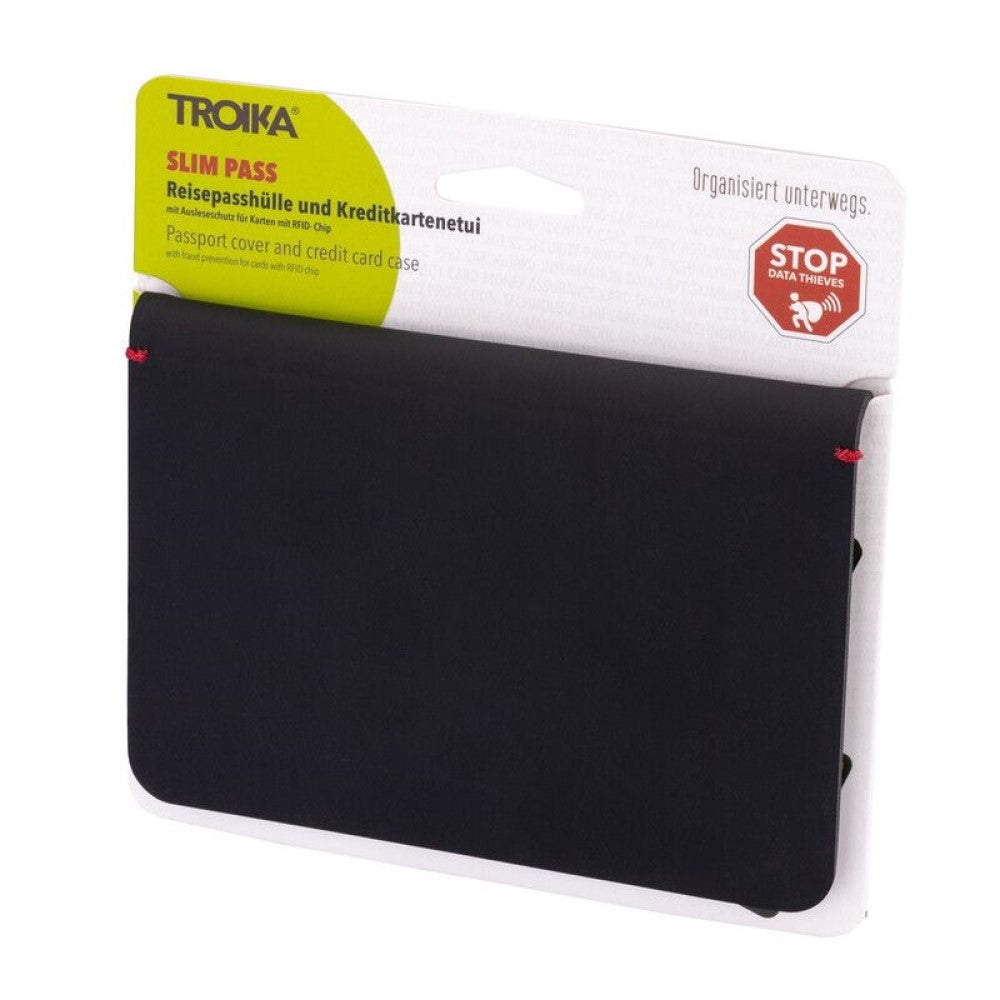 TROIKA Germany SLIM PASS Passport Cover. 2 Compartments. 3 RFID Protected Credit Card Slots. Black Faux Leather with Antibacterial Coating. Personalisable