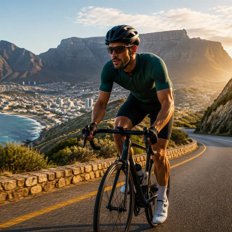 Road cyclist on a coastal pass with Table Mountain behind