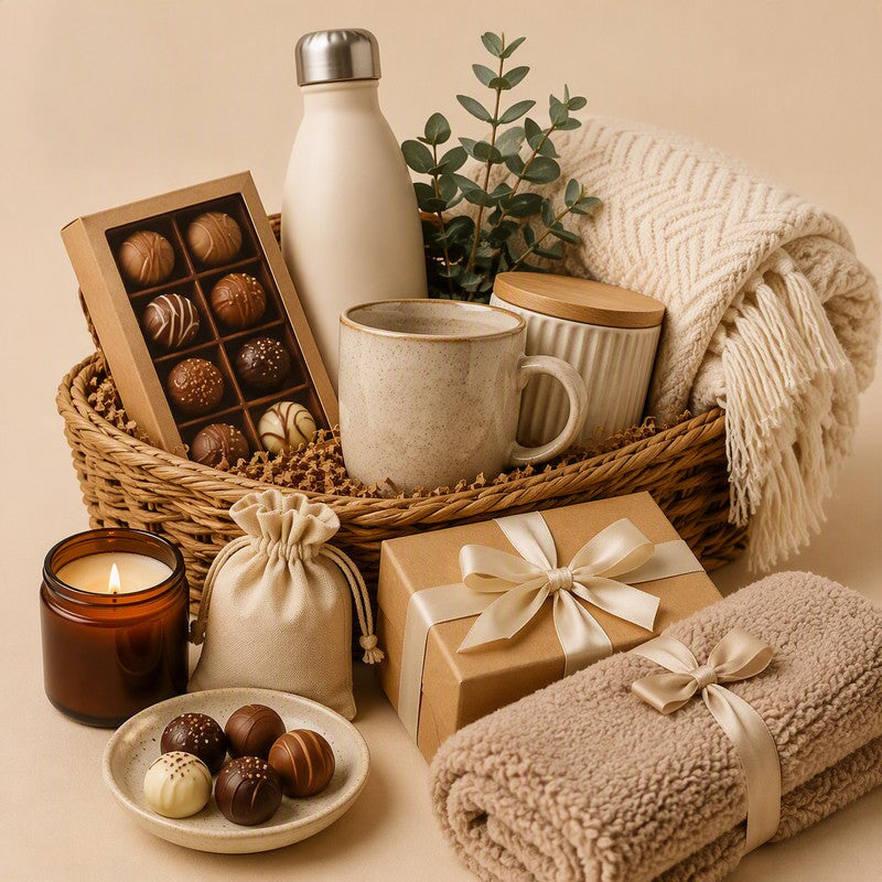 Gift basket with chocolates, a bottle, a mug and a blanket