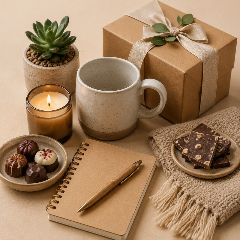 Small gifts: mug, notebook, candle and chocolates