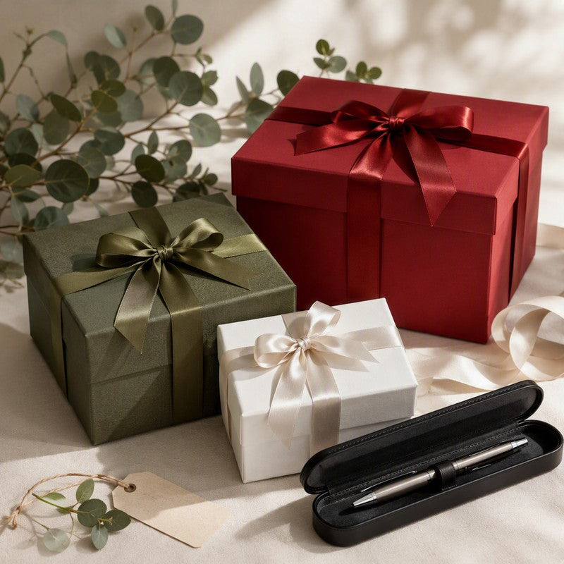 Gift boxes with ribbons and a pen in its case