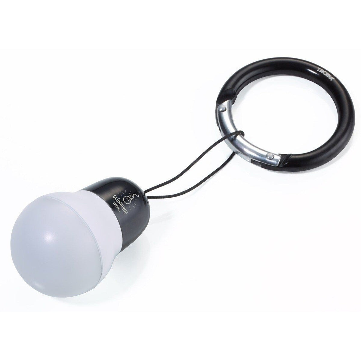 TROIKA Germany mini LED bag light, light bulb shape, black, on a snap hook carabiner