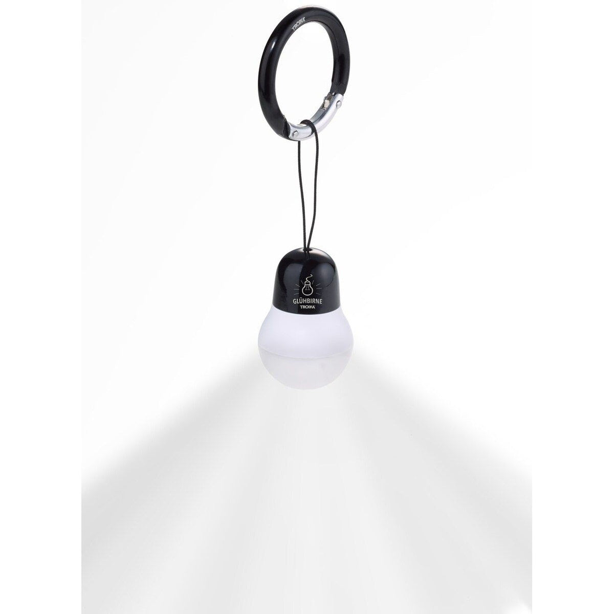 TROIKA light bulb bag light in black hanging and lit