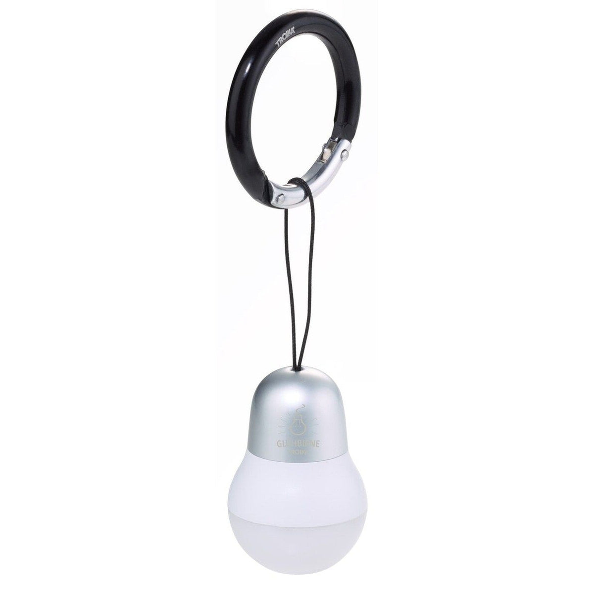 TROIKA light bulb bag light in silver hanging from its carabiner