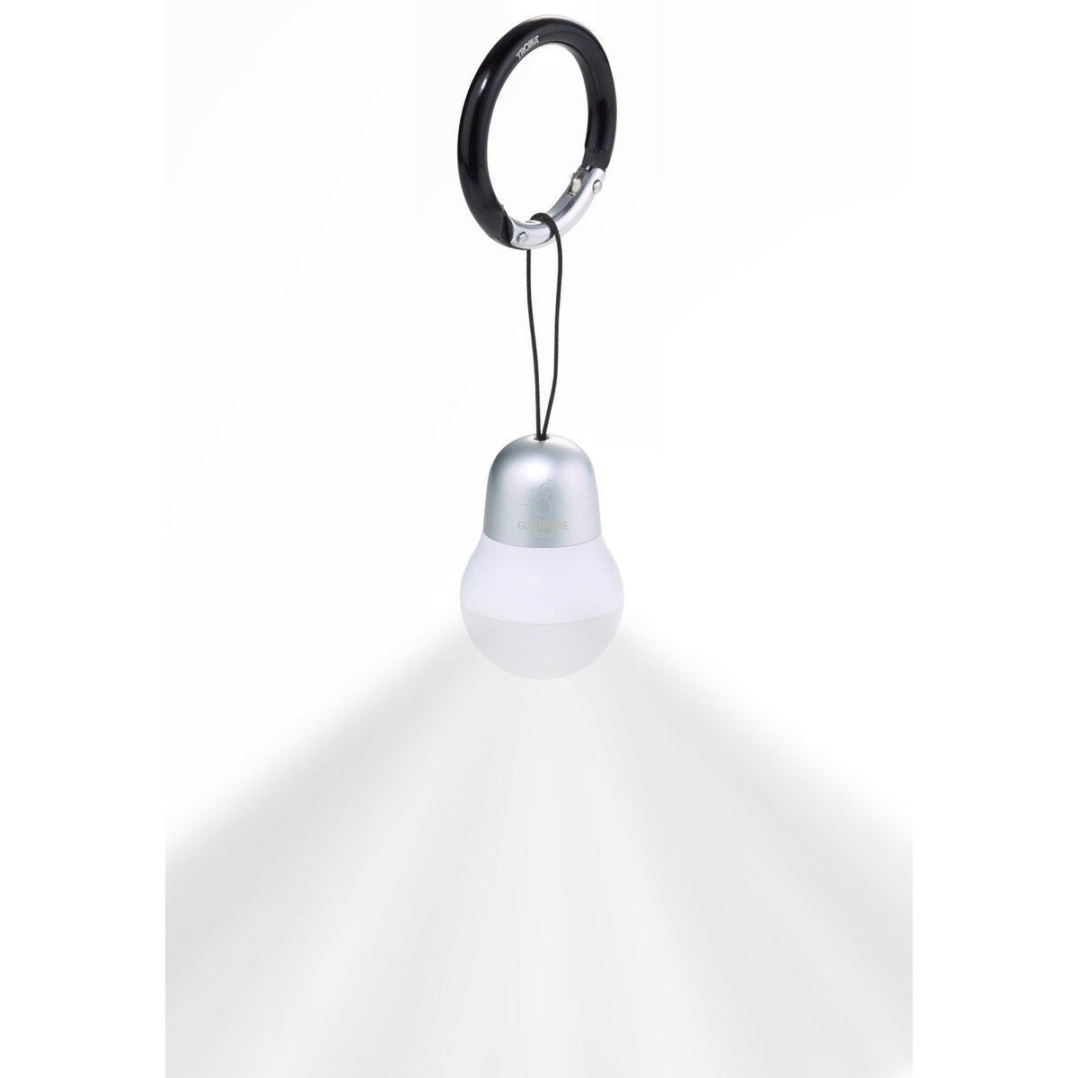 TROIKA light bulb bag light in silver hanging and lit