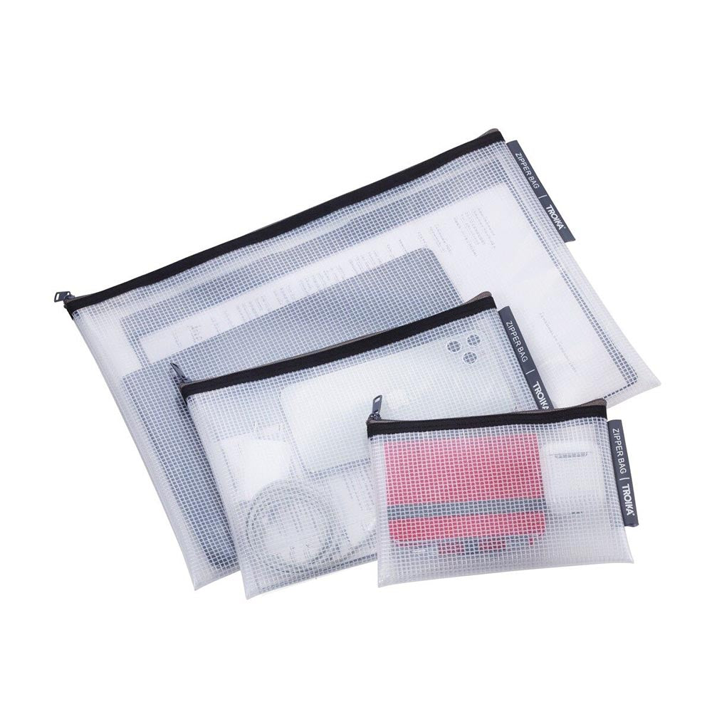 TROIKA Transparent Travel Organisational Pouches in A4, A5 and A6 Size - Set of 3 with Black Zip