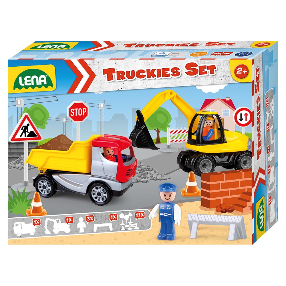 LENA Toy Construction Site: TRUCKIES Tipper, Excavator, 3x Figurines, Signs