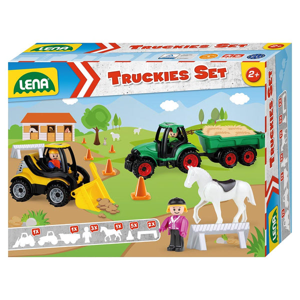LENA Toy Farm Set: TRUCKIES Loader, Tractor, Figurines, Horse, Cones, Gates