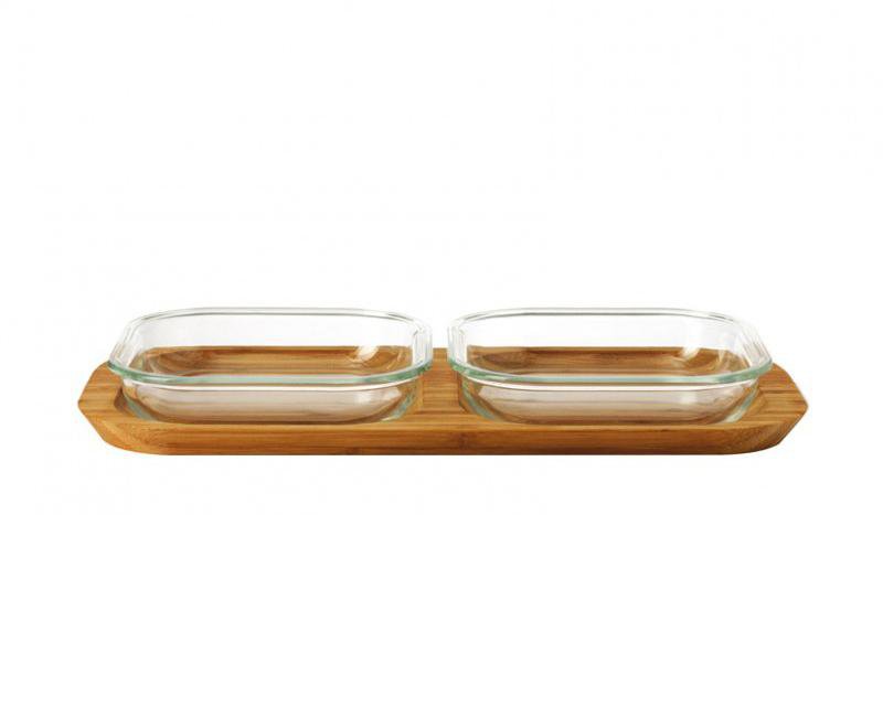 Leonardo Wooden Serving Platter with 2 x Glass Bowls GUSTO 3 Pieces