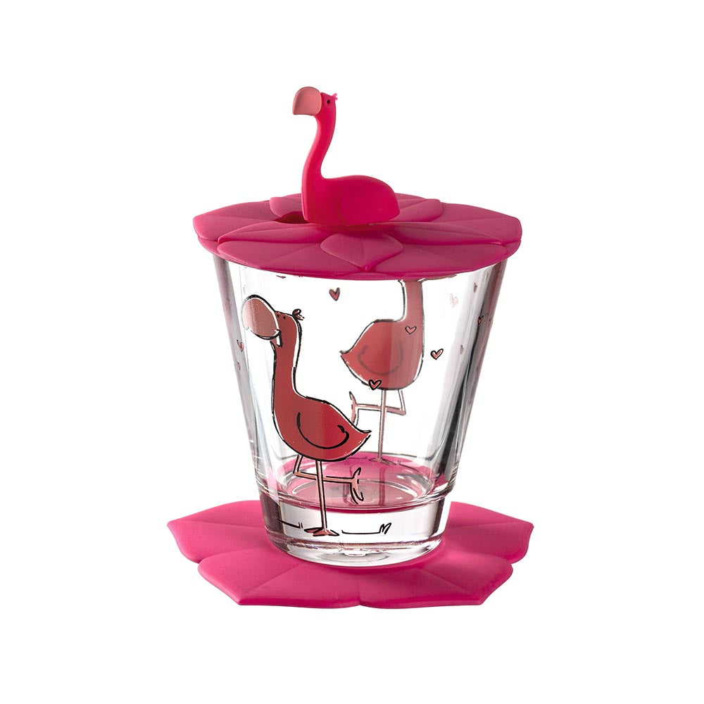 Leonardo Bambini Kids Drinking Glass Set (Cup, Saucer & Lid) - Flamingo
