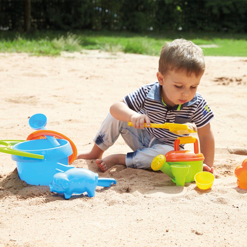 LENA Sandpit Toys Set including Bucket, Sieve, Rake, Moulds Etc - 10 Pieces