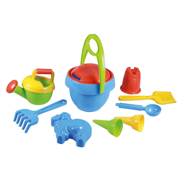 LENA Sandpit Toys Set including Bucket, Sieve, Rake, Moulds Etc - 10 Pieces
