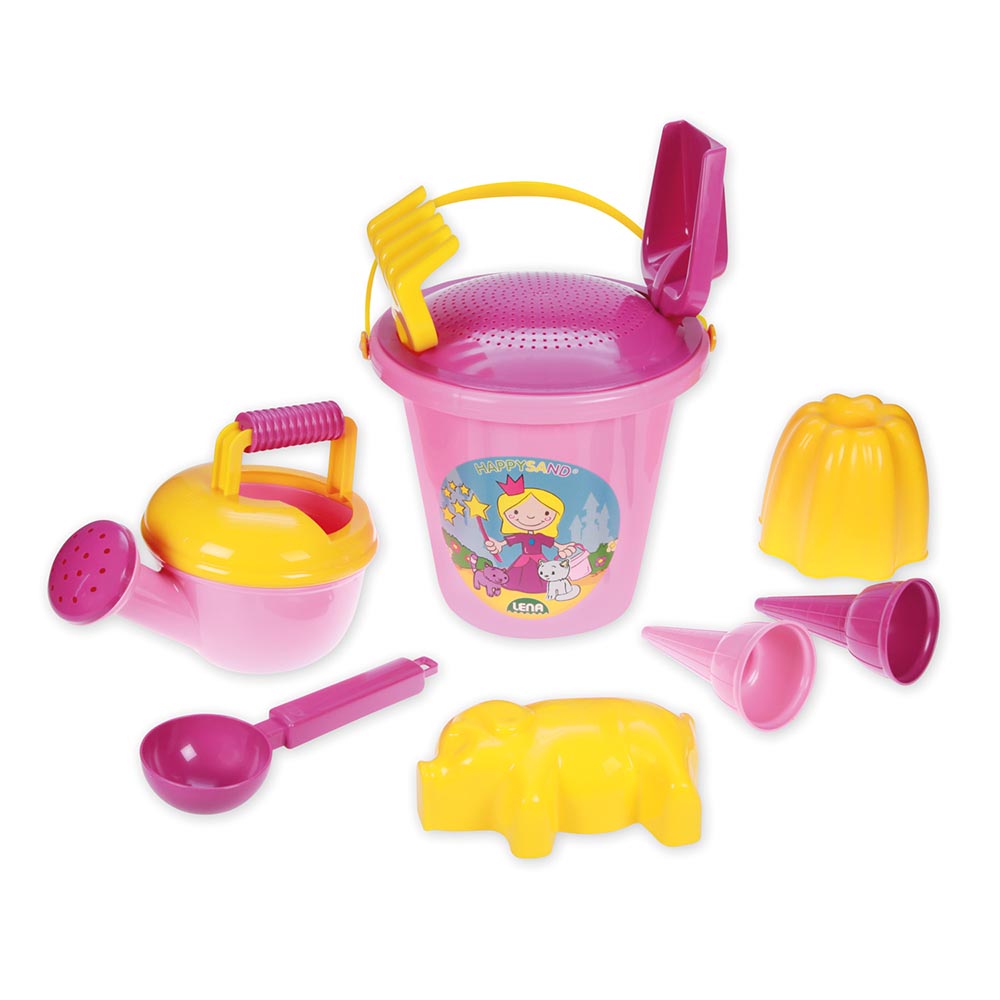 LENA Sandpit Toys Set of 10 including Bucket, Sieve, Rake, Moulds Etc Pink