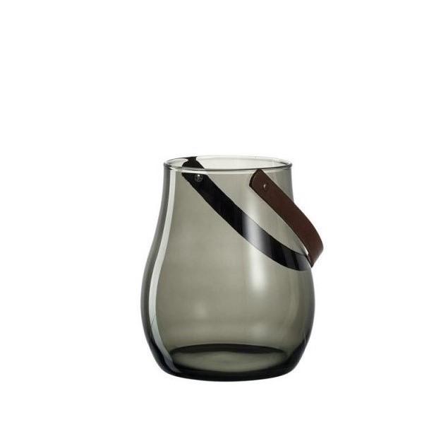 Leonardo Grey Glass Hurricane Lamp with Leather Handle GIARDINO 22cm