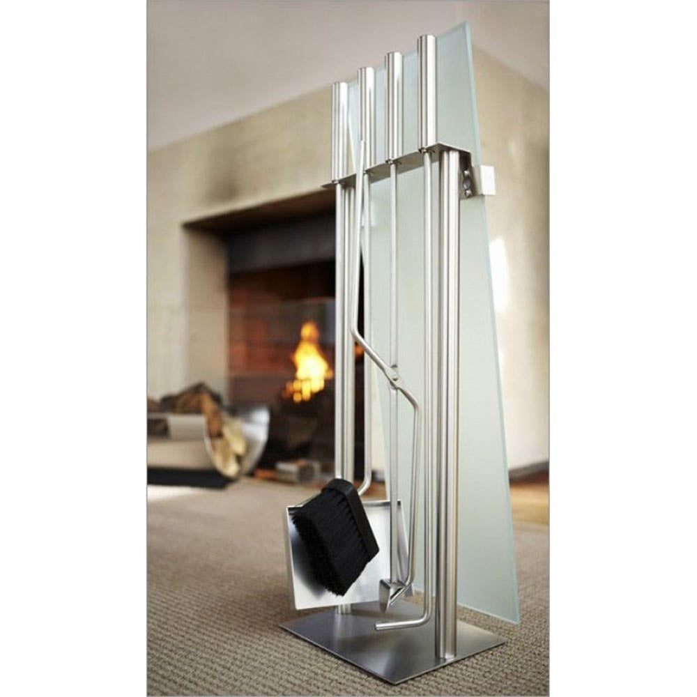 Blomus CHIMO Triangle Fireplace Tool Set - 5 Piece Stainless Steel With Glass Holder